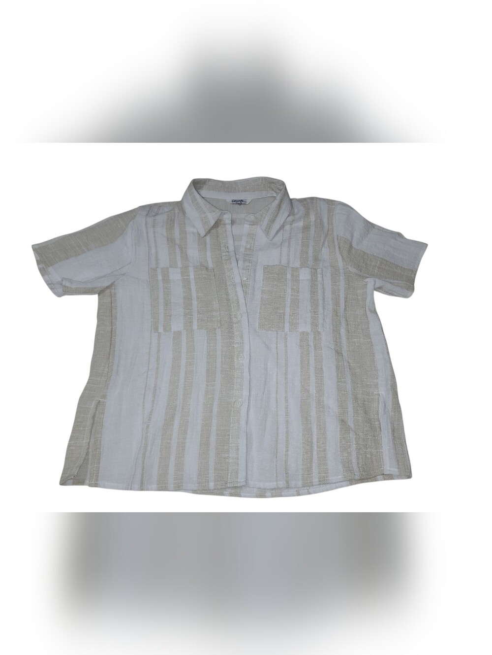 George Beige & White Striped Short-Sleeve Button-Down Shirt Sz Med - Picture 6 of 9